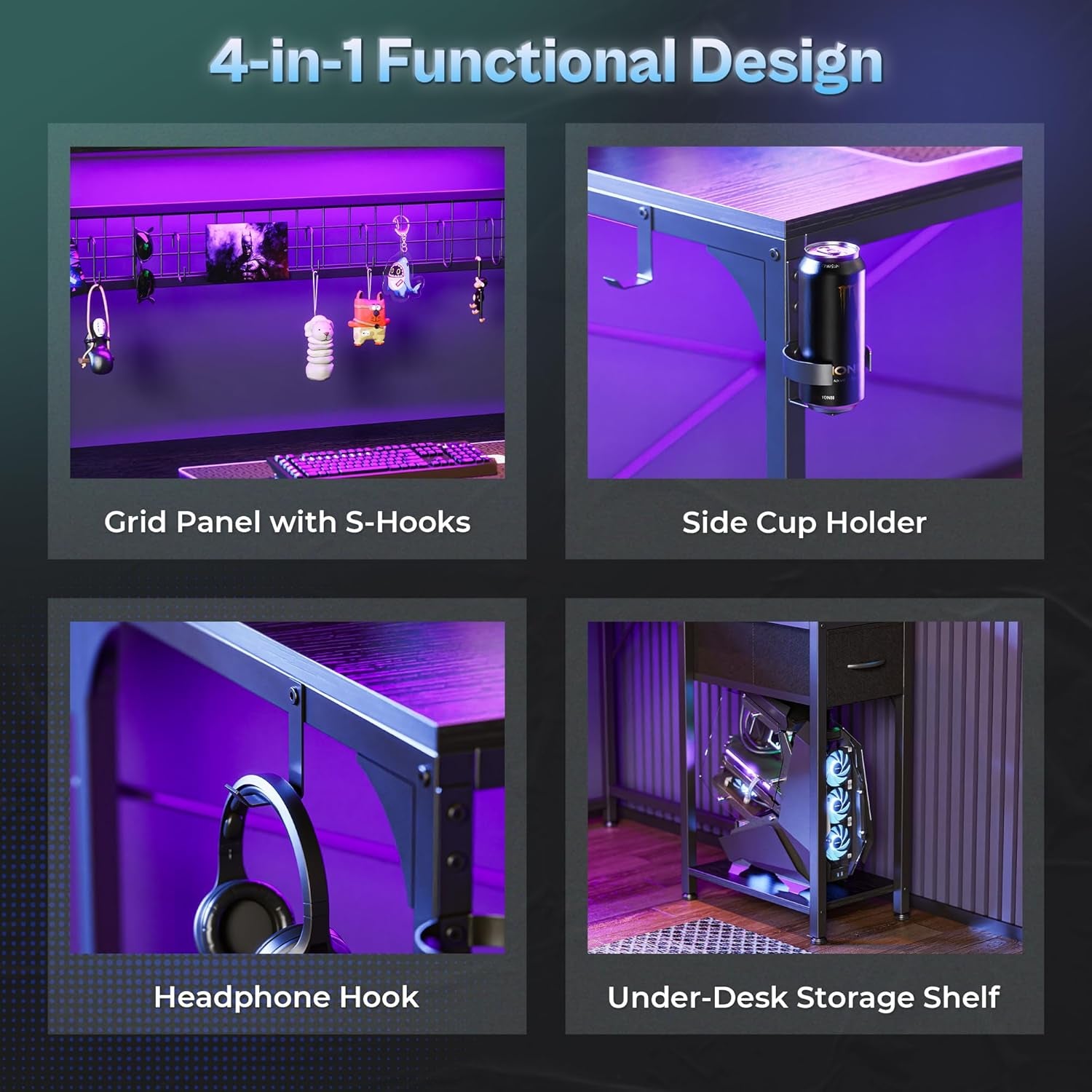 L Shaped Gaming Desk with Shelves, Corner Computer Table with LED Lights, Power Outlets and USB-C Ports, 42 Inch Reversible Home Office Desk with Storage Drawer, for Work and Study, Black