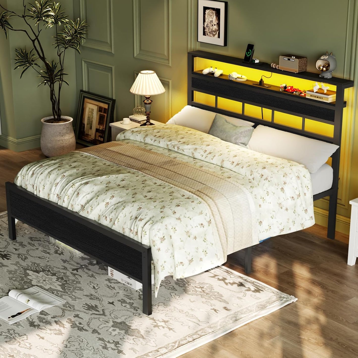 Full Size Bed Frame with LED Light and Charging Station, Wood Storage Headboard with 2-Tier Shelves, Metal Platform Bed with Heavy Duty Slats Support, No Box Spring Needed, Black Oak