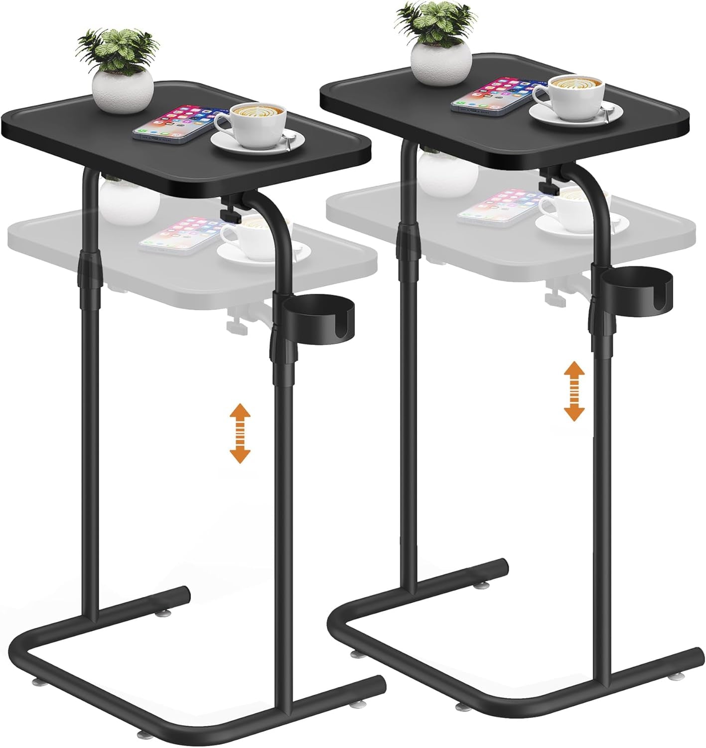 C Shaped End Table with Tiltable Surface, Set of 2, Adjustable Height Side Table, Slide under Couch Table TV Tray for Eating, Sofa Tray for Livingroom, Bedroom Black TB01BK0912