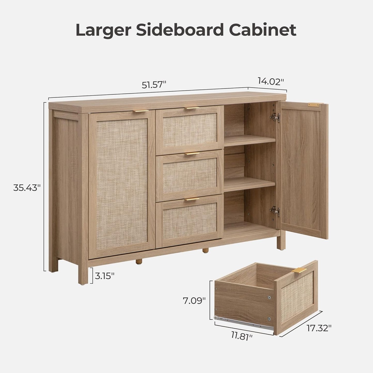 52" Larger Sideboard Buffet Coffee Bar Cabinet with Storage - Farmhouse Rattan Credenza Storage Cabinet with 3 Drawers and 2 Doors, Boho Console Table for Living Room, Kitchen, Light Oak
