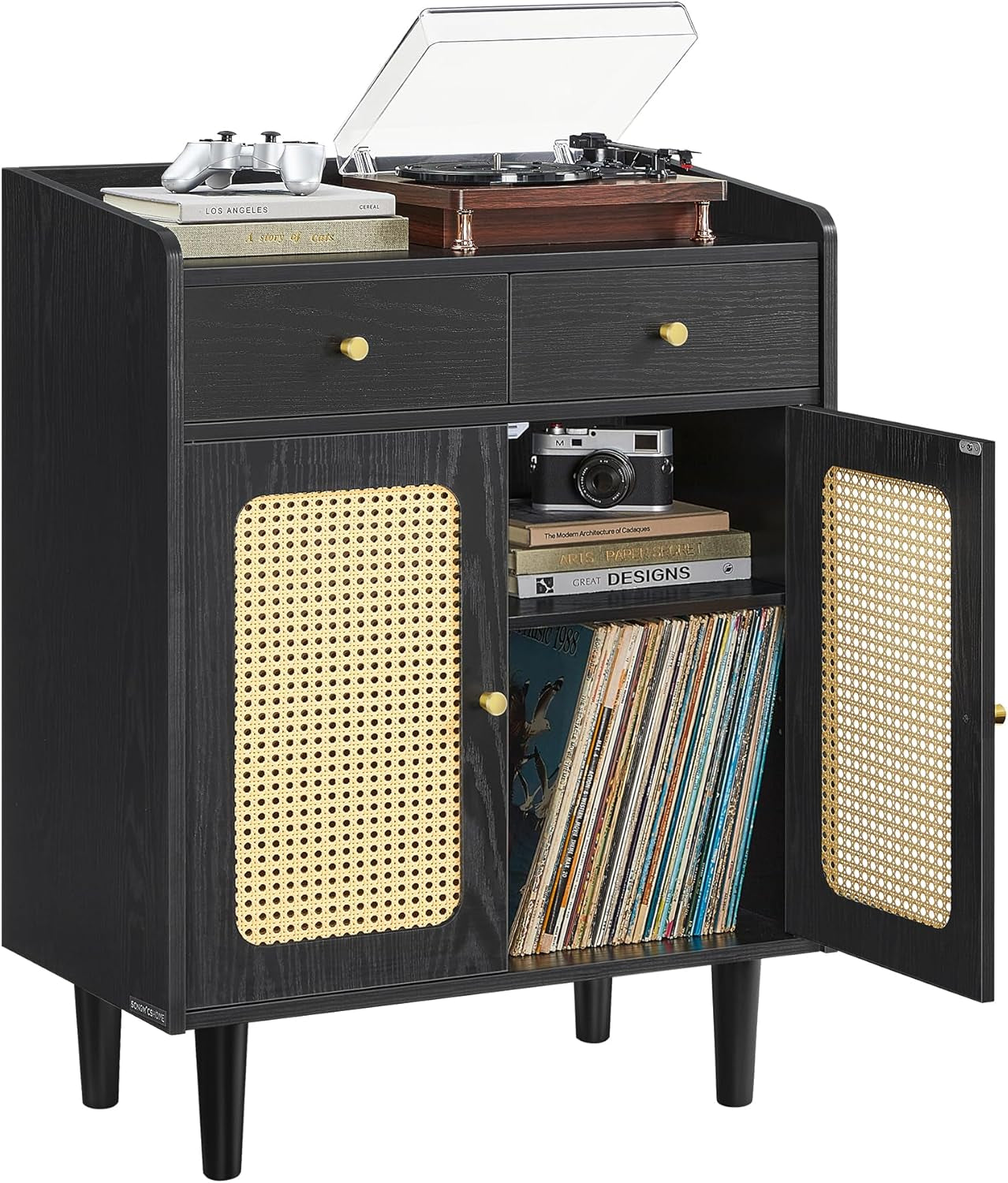 BOHOVEN Collection - Buffet Cabinet, Sideboard Storage Cabinet with Rattan-Like Doors and Drawers, Accent Cabinet, Adjustable Shelf, Boho Style, for Living Room, Ebony Black
