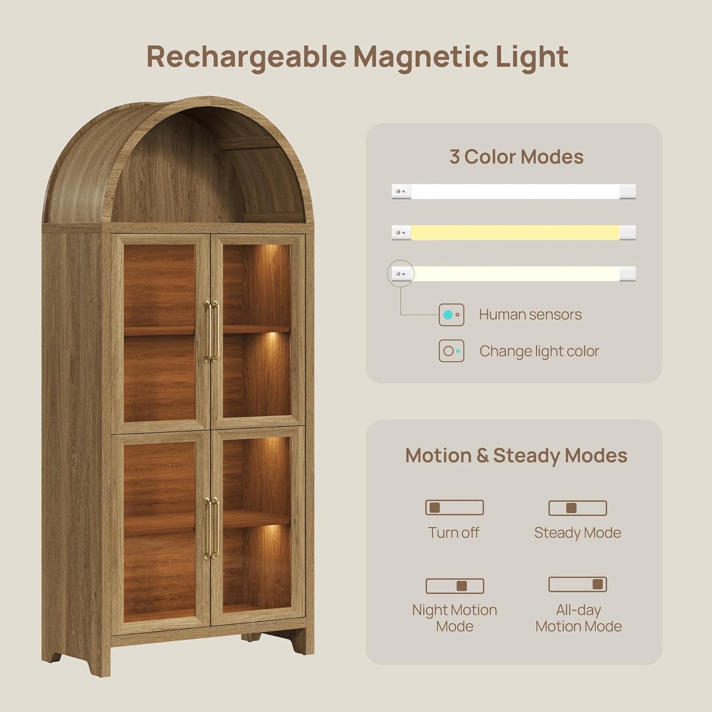 74" Display Cabinet with Glass Doors - Modern 5-Tier Arched Bookcase with Rechargeable 3-Color Lights & Motion Sensor, Large Pantry Cabinet for Kitchen Living Room Home Office, Dark Grey Oak