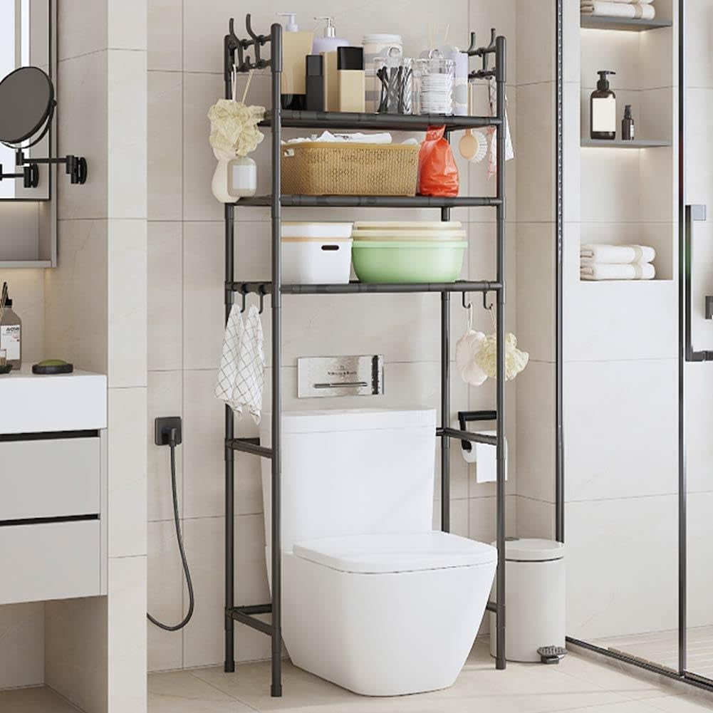 3-Tier over the Toilet Storage,Freestanding Metal Bathroom Shelves with 4 Hooks,Adjustable Shelf and Basket,Freestanding Space Saver Bathroom Shelves above Toilet for Room Black,Black