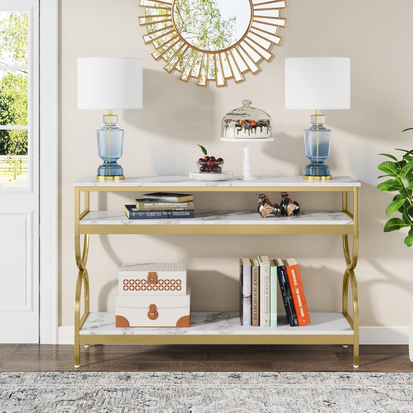 3-Tier Console Table, 55 Inch Sofa Table with Open Storage Shelves, Narrow Long Hallway/Entryway Table with Faux Marble Top for Home Living Room Entryway, White & Gold