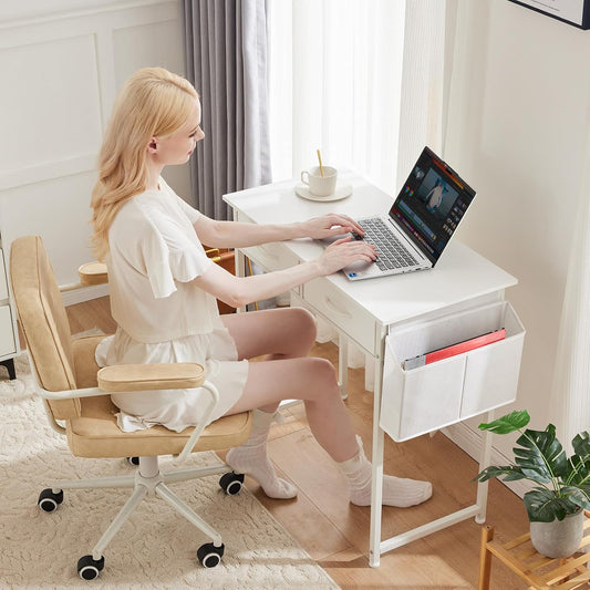 32" Home Office Computer Desk with Drawers, Small Gaming Writing Study Table with Storage Side Bag, Headphone Hook and Adjustable Feet for Bedroom White