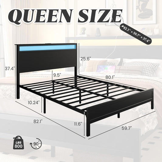 Queen Bed Frame with Headboard & Footboard, Bed Frame with Built-In Charging Station & LED Light, Storage Shelf, Noise-Free, No Box Spring Needed, Easy Assembly, Classic Black