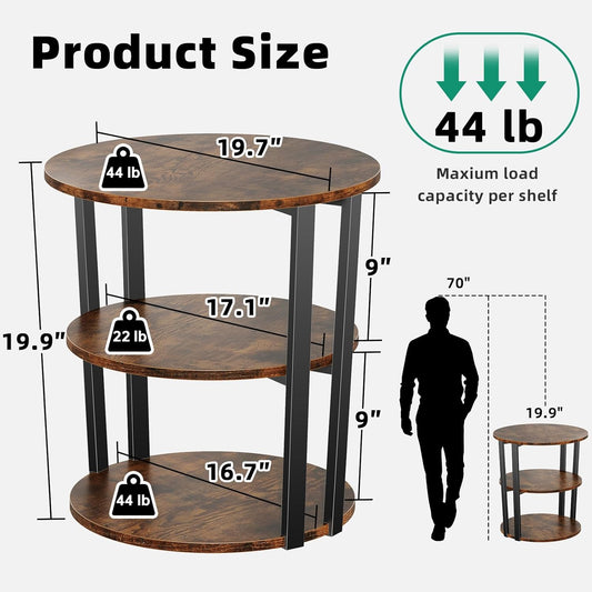 Round Side Table, 3-Tier Rotating Side Table, Big Shelf End Table Living Room with Lazy Susan, Nightstand for Small Spaces Living Room Bedroom Sofa, Vintage Brown