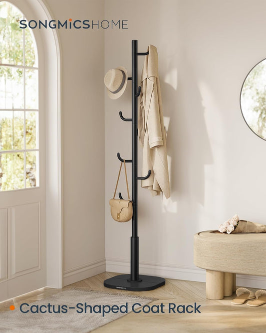 Cactus-Shaped Coat Rack, Freestanding Coat Tree, Coat Hanger Stand with 8 Sturdy Hooks, with Curved Ends, for Clothes, Hats, Bags, Ink Black URCR039B01