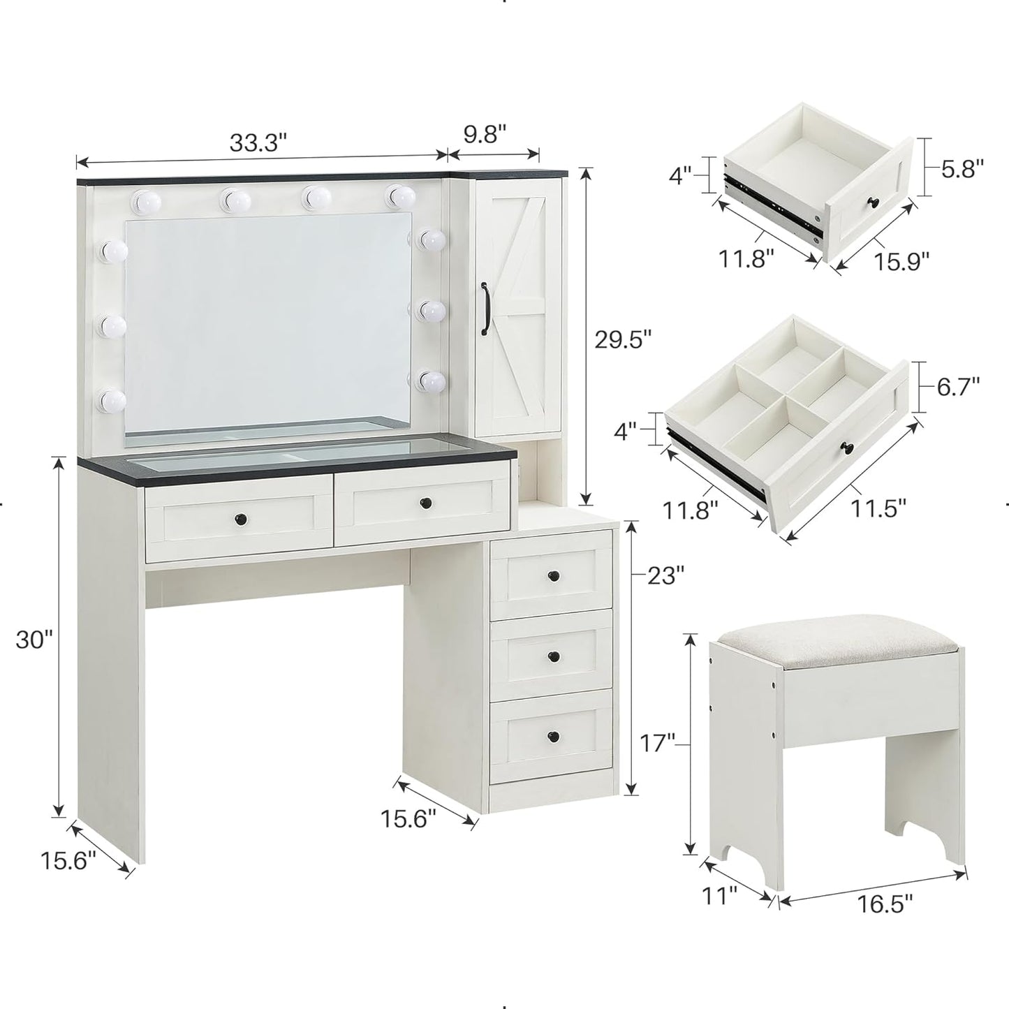 Farmhouse Vanity Makeup Desk with Charging Station, 43" W Vanity Desk with Lights Mirror and Drawers for Makeup, Big Modern Makeup Table Set with Stool for Bedroom, off White