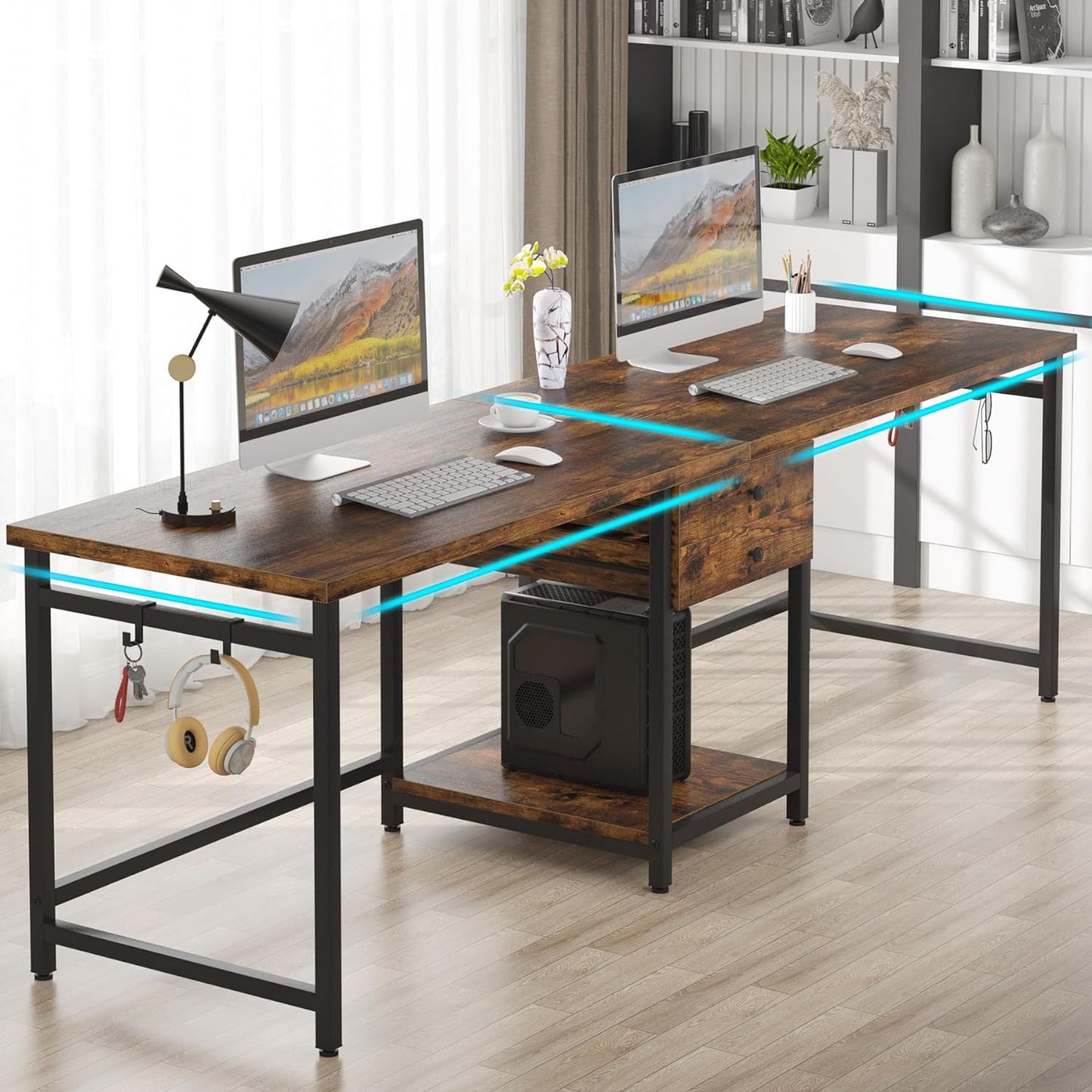 Two Person Desk, 79 Inch Double Desk with 2 Drawers, Large Computer Desk Long Desks with Storage Shelves, Writing Table Study Desk for Home Office, Rustic Brown (NY001)