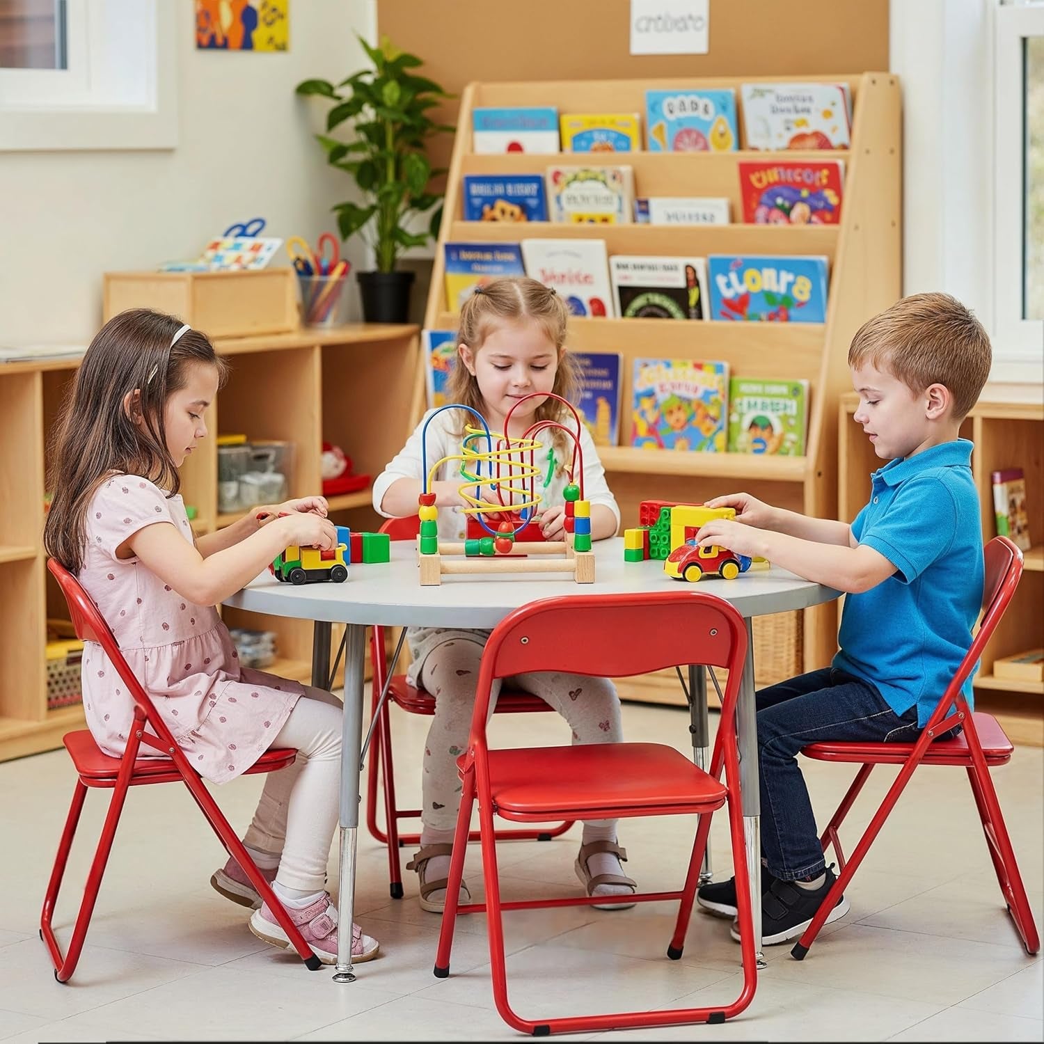 2 Pcs Kids Desk Chair Foldable with Padded Seat & Back, Metal Frame for Toddler&Children, Indoor Outdoor Portabel Use for Playroom, Bedroom, Kitchen, Folding for Easy Storage, Green+Red