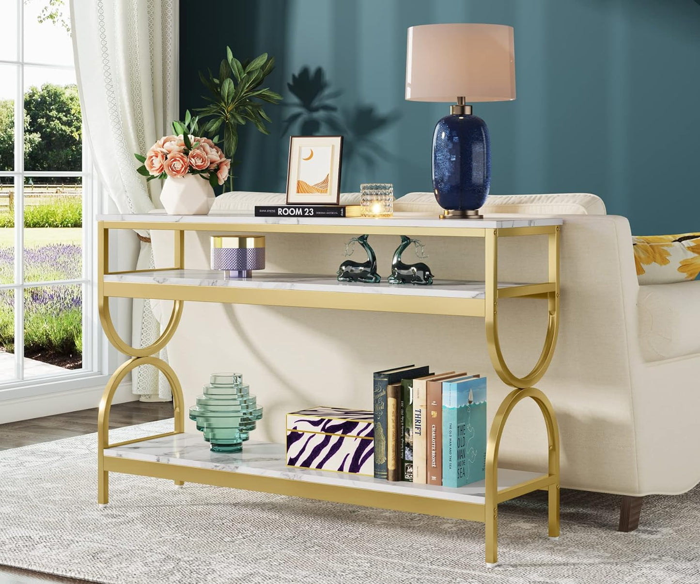 3-Tier Console Table, 55 Inch Sofa Table with Open Storage Shelves, Narrow Long Hallway/Entryway Table with Faux Marble Top for Home Living Room Entryway, White & Gold