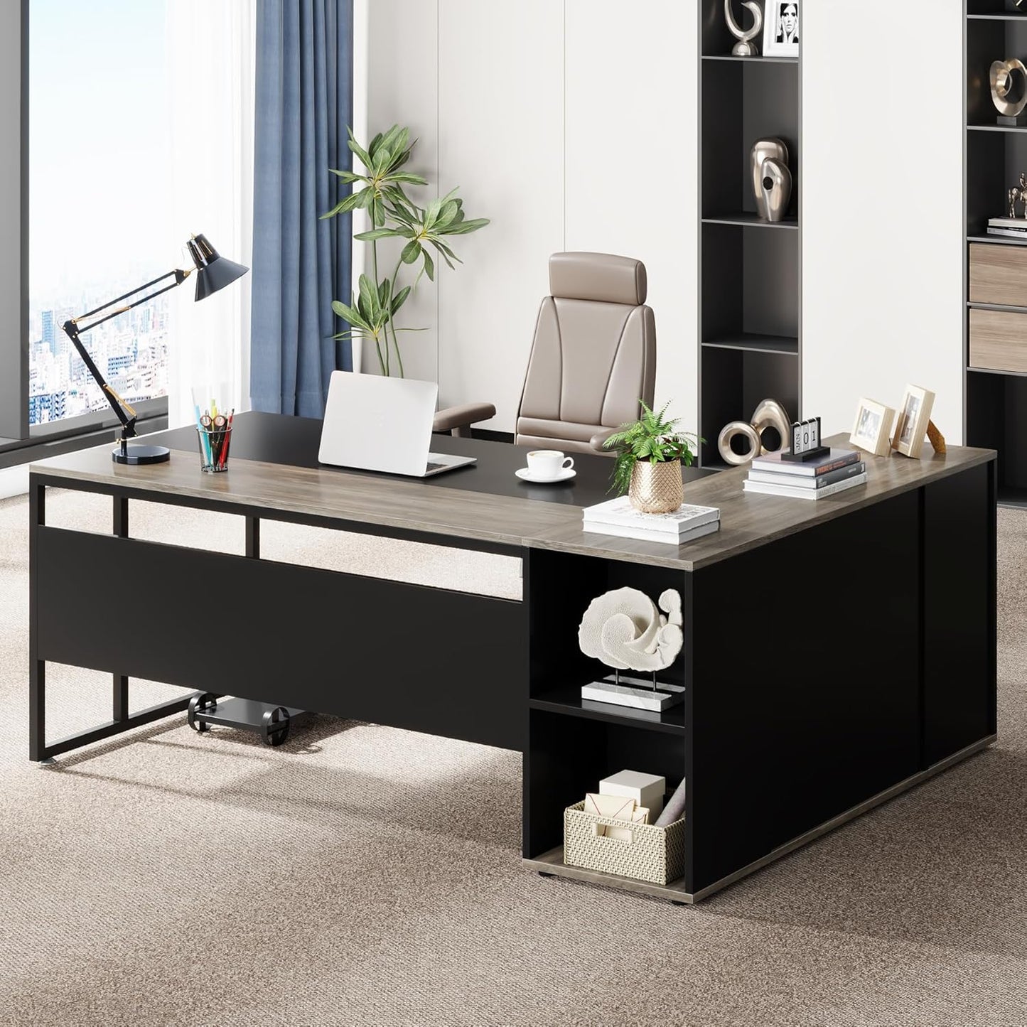 71 Inch Executive Desk, L Shaped Desk with Cabinet Storage, Executive Office Table with Shelves, Business Furniture Set Workstation for Home Office, Gray