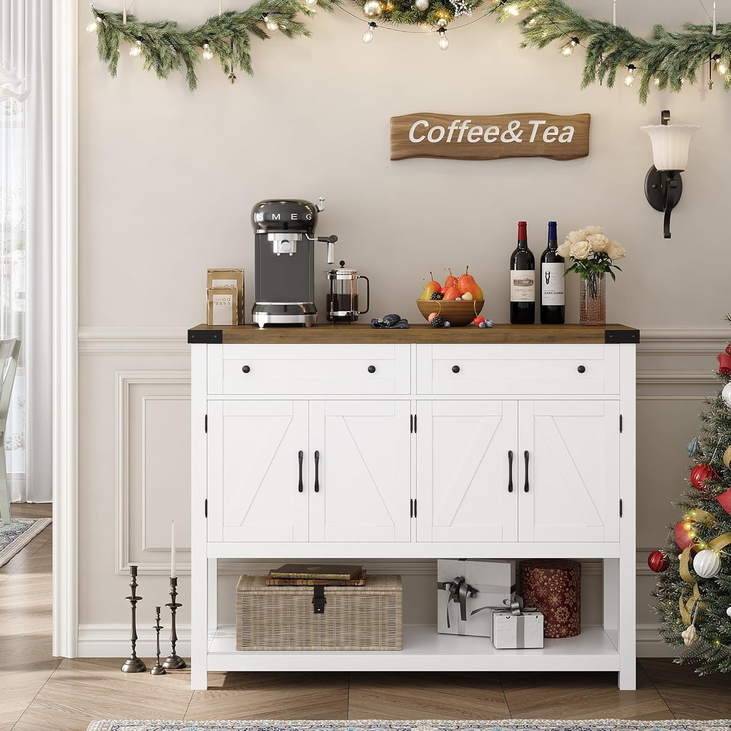 Buffet Sideboard Cabinet with Storage, 47.2" Modern Farmhouse Coffee Bar with 2 Drawers, Barn Doors Console Table with Shelf for Kitchen, Dining Room, Living Room, Entryway (White)