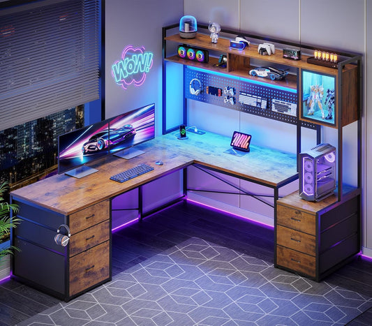 L Shaped Gaming Desk with 6 Drawers, Reversible Computer Office Desk with File Drawer, Hutch, Storage Shelves, Gaming Corner Desk with Led Lights, Power Outlet for Two Person, Rustic Brown