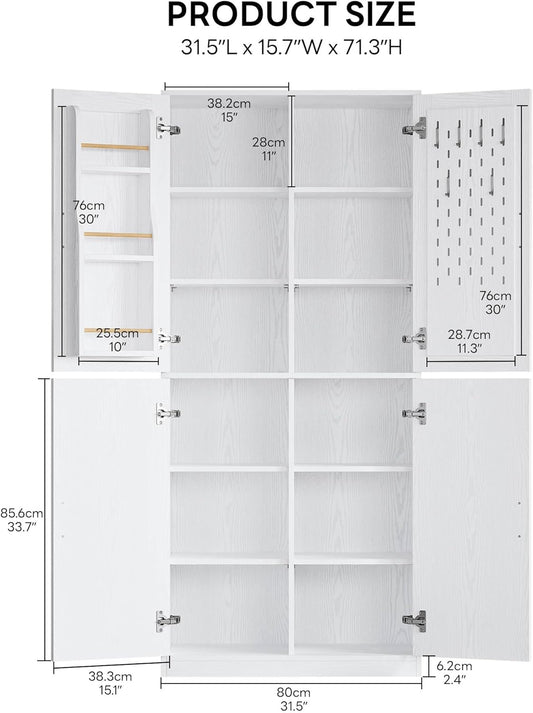 71" Kitchen Pantry Storage Cabinet with Storage Rack, Pegboard Doors, 4 Adjustable Shelves, Food Pantry Cabinet, Freestanding Tall Cupboard for Dining Room, Kitchen, White