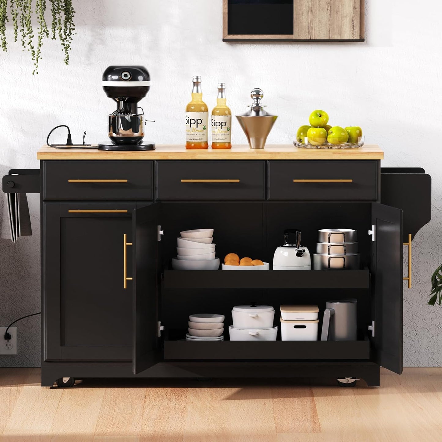 Rolling Kitchen Island with Drop Leaf & 2 Pull Out Cabinet Organizers,59.3" Stationary Kitchen Cart with Trash Can Storage,Power Outlet,Spice & Towel Rack,3 Drawers Island Table for Kitchen,Black