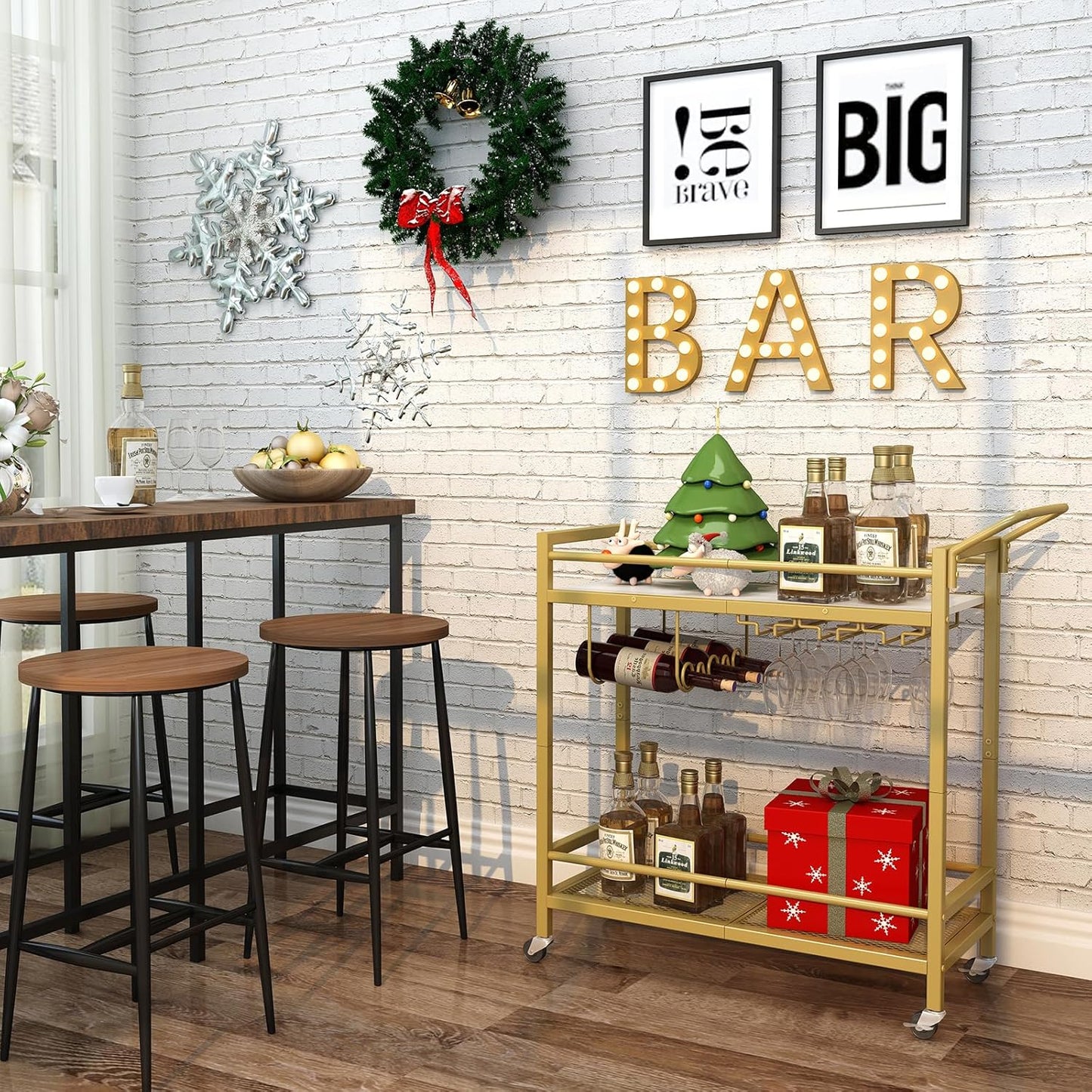 Bar Cart, Two-Color Home Bar Serving Cart, Mobile Drink Beverage Cart with 2 Storage Shelves, Rolling Kitchen Cart with Wine Holder and Glass Holder, for Dinning Room, Living Room, Kitchen