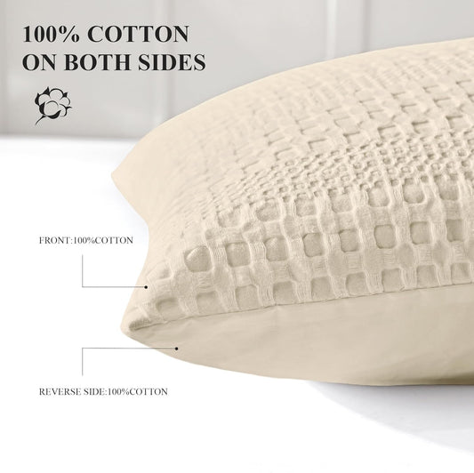 100% Coton Waffle King Size Pillow Cases Set of 2, Soft Aesthetic Pillow Shams Covers 2 Pack, Breathable Decorative Pillowcases without Inserts, 20 X 36 Inches Beige