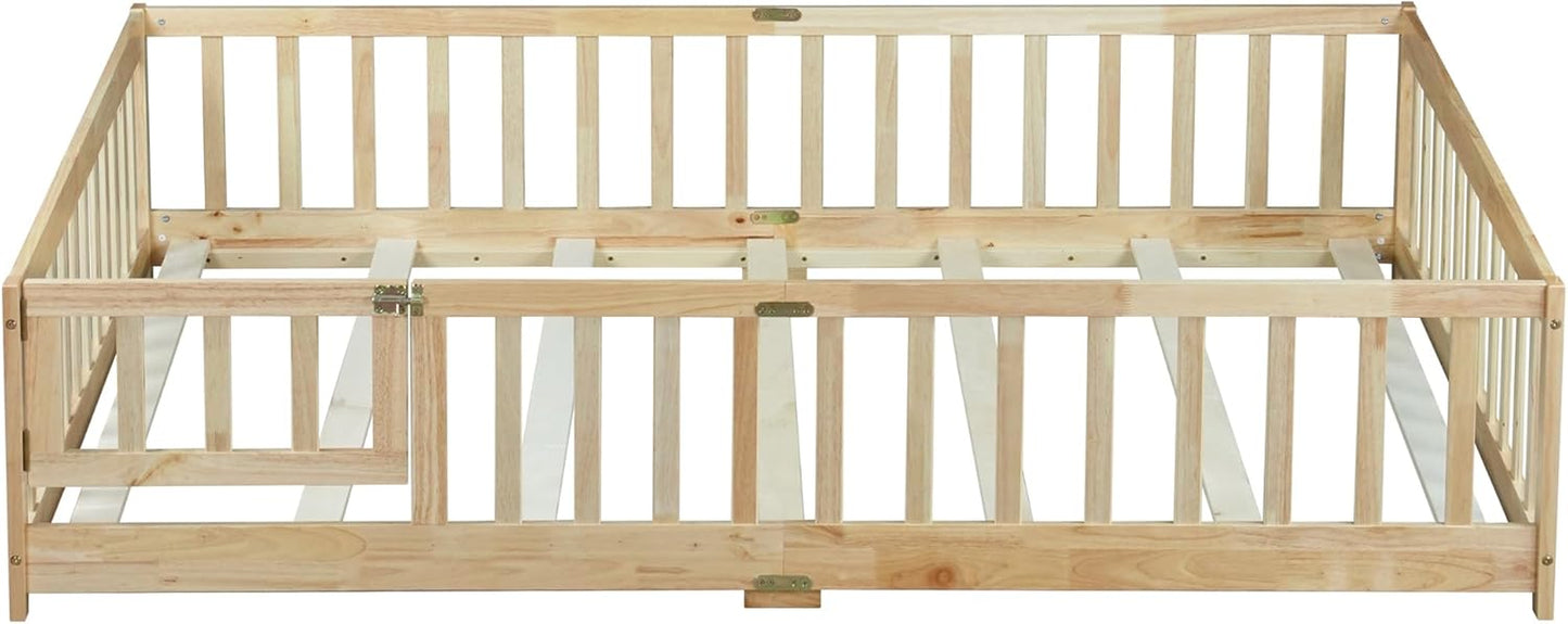 Full Size Floor Bed with Slats and Safety Guardrail, Full Size Montessori Floor Bed with Fence and Door, Easy Assemble Montessori Beds for Kids, Girls, Boys, Natural