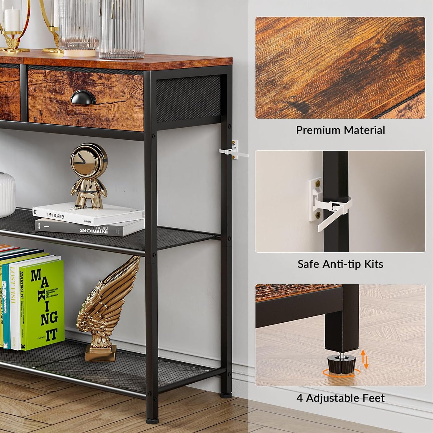 White Entryway Table, 38'' Console Sofa Table with 3 Fabric Drawers, Industrial Entry Way Table with Storage Shelves, Display Shelf for Living Room, Hallway, Entrance, Foyer