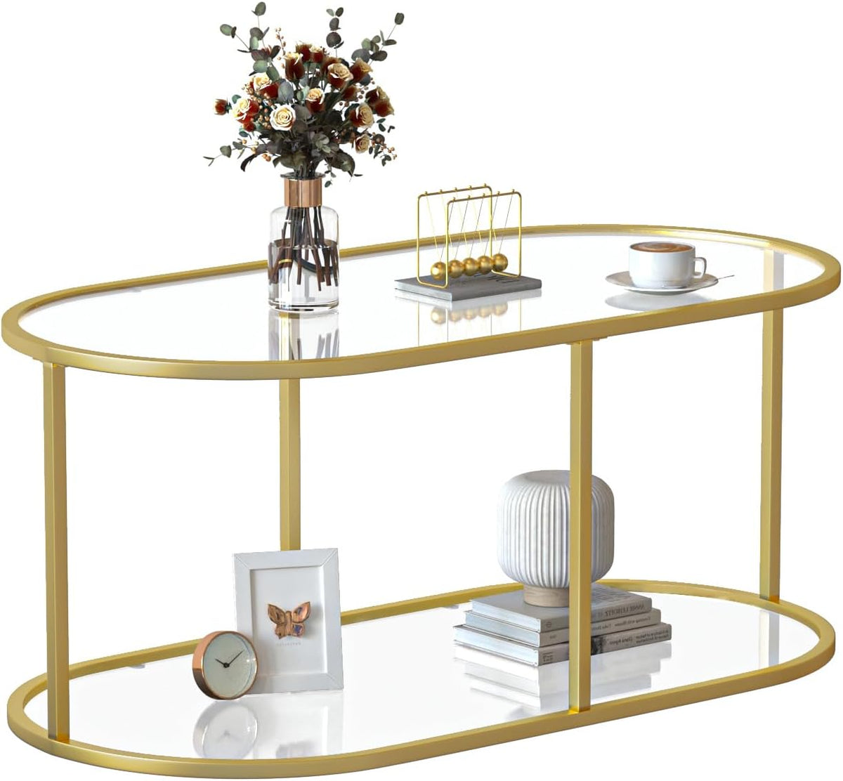 Gold 2 tier oval tempered glass coffee table with metal frame, view 9