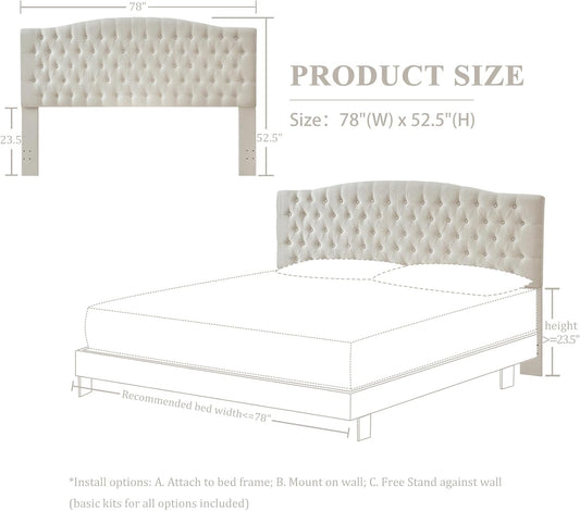 Linen Upholstered Headboard King/Cal King Size Latest Model Wall Mount, Bed Frame Mount, Featuring High-Density Sponge Padding, Luxury Texture Easy Assembly Comfort and Style-Ivory