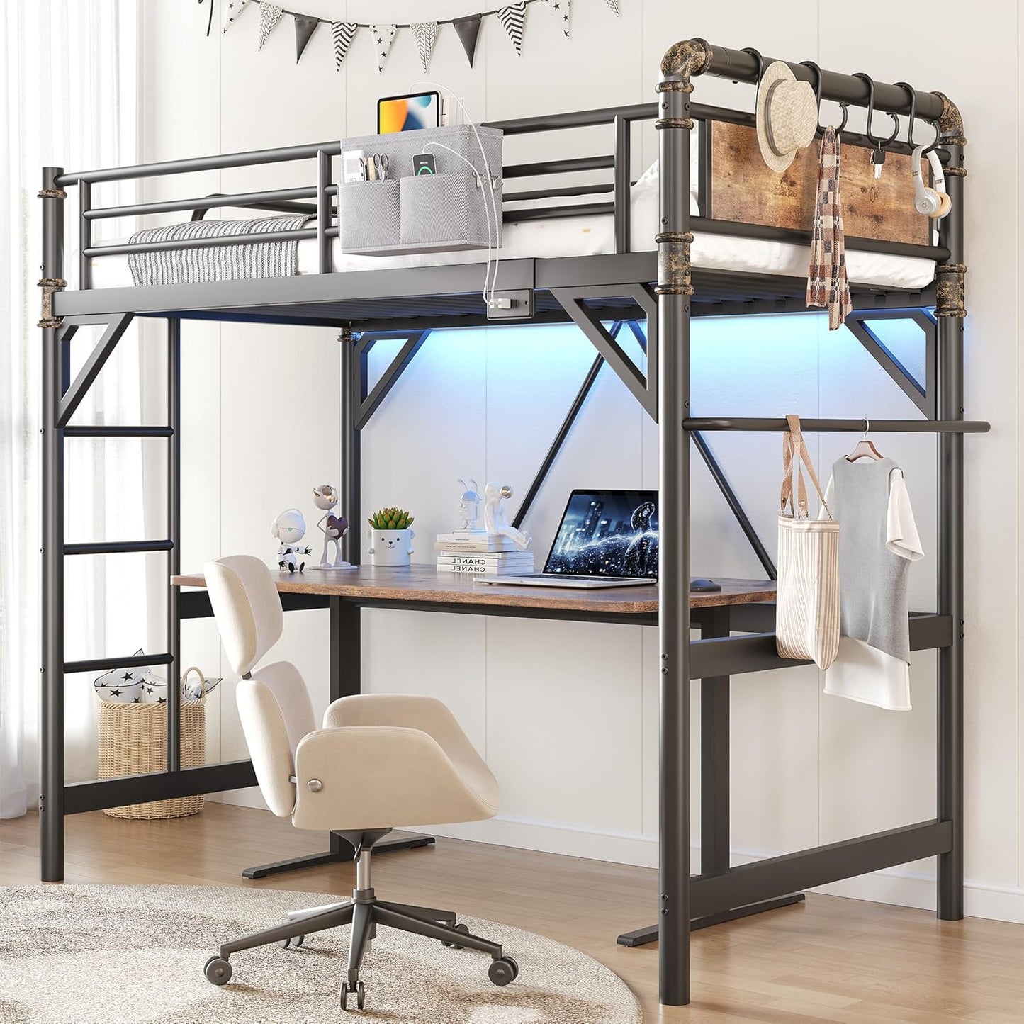 Twin Size Loft Bed with LED Lights and Charging Station, Industrial Heavy Duty Metal Loft Bed Frame with Ladder and Guardrail for Kids Adults, Small Space Saving Design for Bedroom Dorm, Black