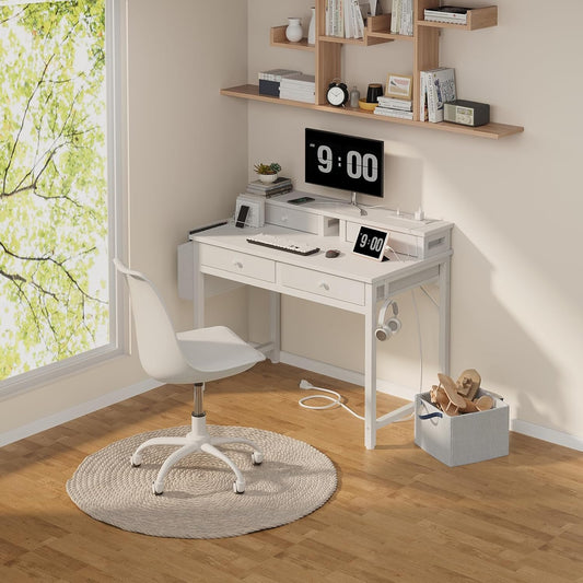 Small White Kids Desk with Fabric Drawers for Bedroom, 32 Inch Vanity Makeup Desk with Drawers Storage for Home Office, Writing Study Table with Power Outlet & Monitor Stand, White
