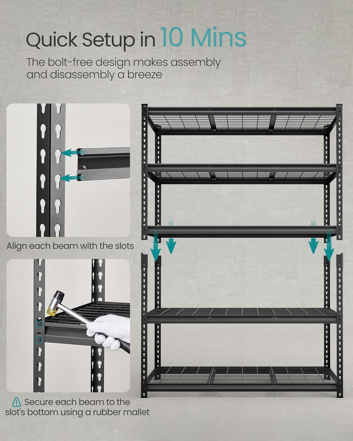 5-Tier Storage Shelves, Heavy-Duty Garage Shelving, Adjustable Shelving Unit, Steel Shelf, Boltless Assembly, for Garage, Shed, 2,200 Lb Load, 24 X 48 X 72 Inches, Ink Black UGLR454B01