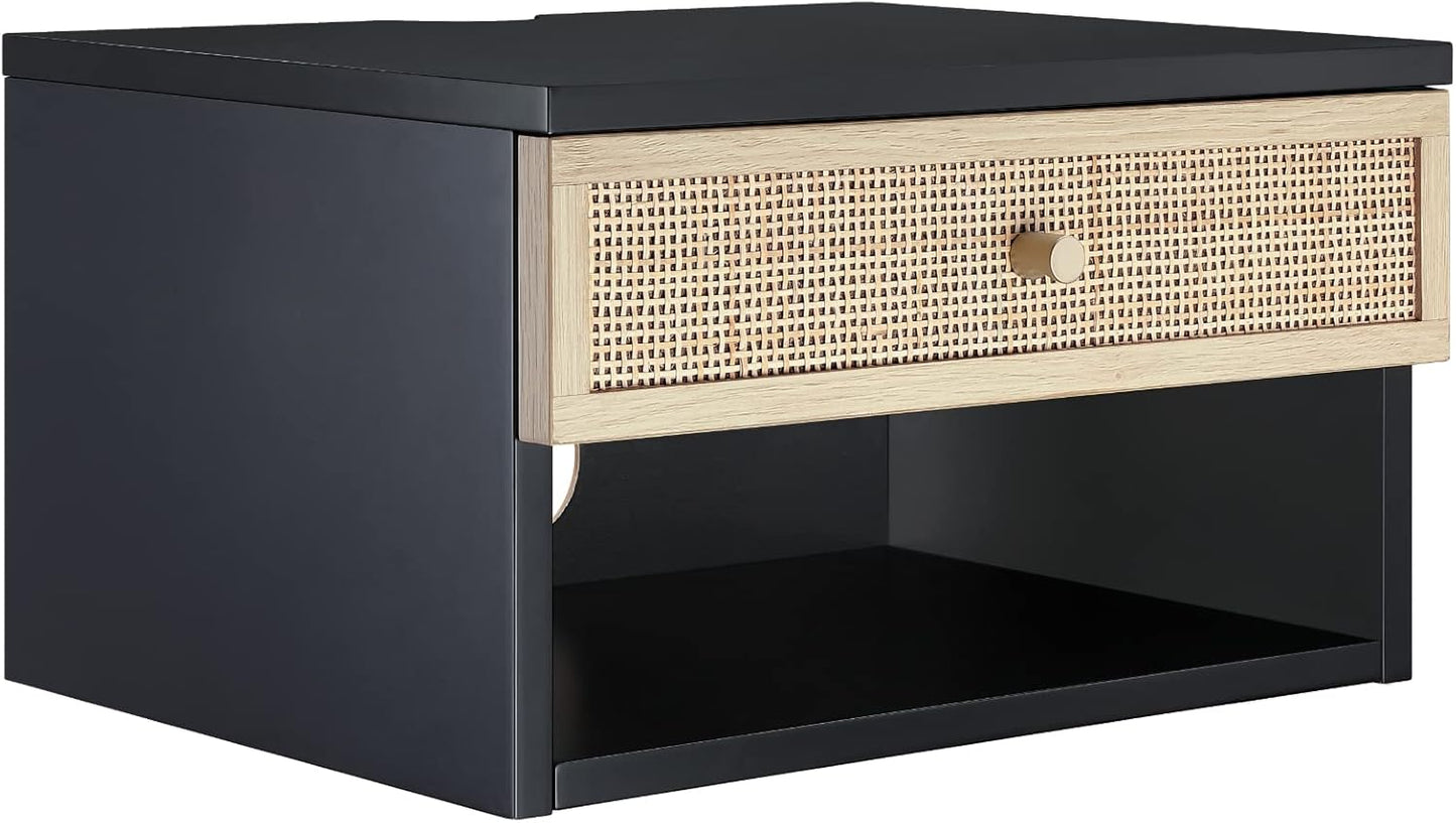 Jackson Wall Mounted Rattan Floating Bedroom Nightstand with Storage Drawer and Modern Open Shelf Cubby, Black/Rattan