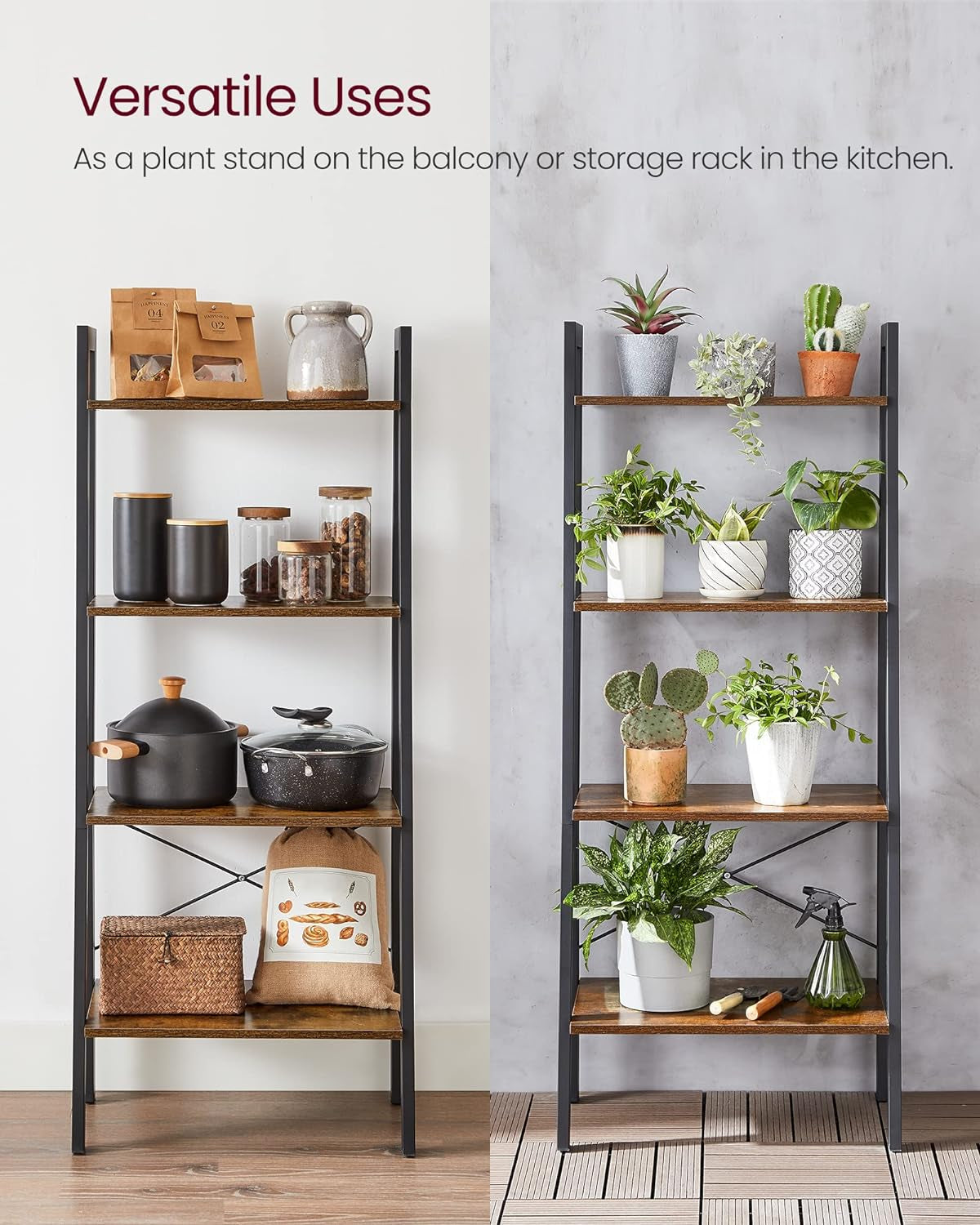 Ladder Shelf, 5-Tier Bookshelf, Storage Rack, Bookcase with Steel Frame, for Living Room, Home Office, Kitchen, Bedroom, Industrial Style, Rustic Brown and Ink Black ULLS45X