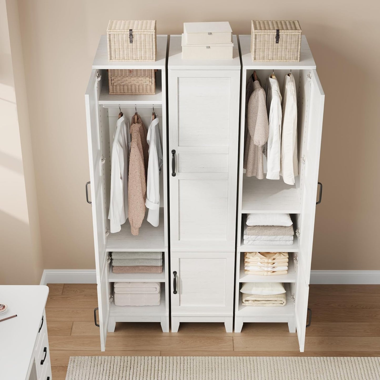 Armoire Wardrobe Closet with 2 Doors,72" Wooden Wardrobe Cabinet with Hanging Rod, Narrow Tall Clothing Armoire Cabinet with 18 Adjustable Shelves for Bedroom, Clothes, Rustic White