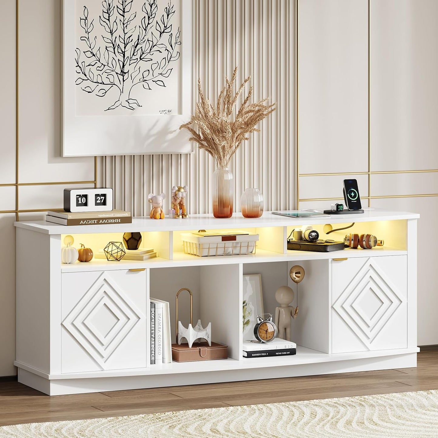 LED TV Stand for 80 Inch TV, Entertainment Center with Power Outlets, Modern TV Console Gaming Media Television Stands with Storage for Living Room, Bedroom, Gaming Room, 70 Inch, White