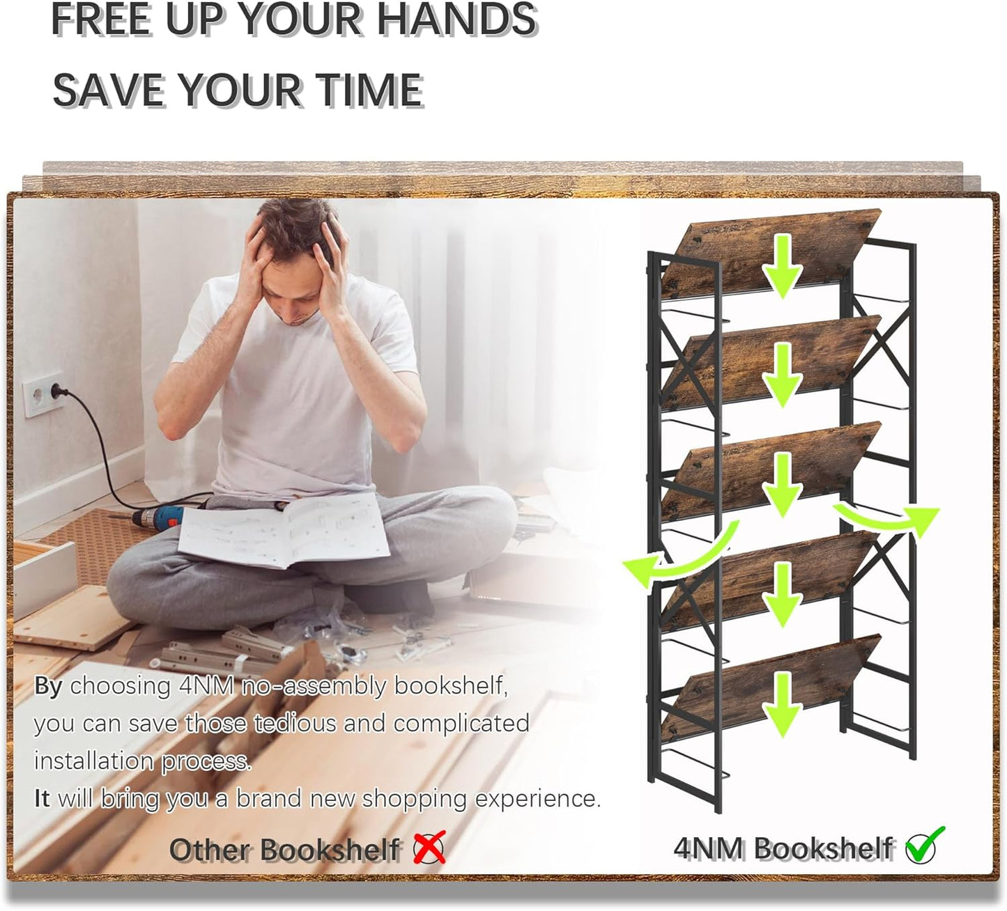 5 Tiers No Assembly Book Shelves, 51.2" H Folding Bookshelf Bookcase Open Industrial Foldable Shelves for Bedroom, Living Room, Home Office - Rustic Brown Black