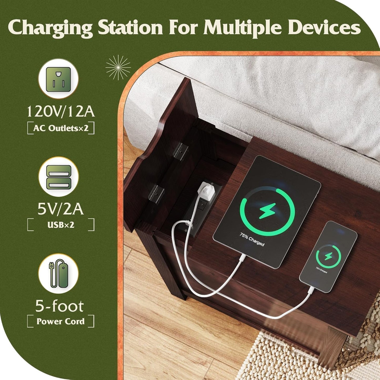 End Table with Charging Station, Narrow Side Table for Living Room, Farmhouse Night Stand with Storage, Small Wooden Cabinet with USB Ports and Outlets for Living Room and Bedroom, Espresso