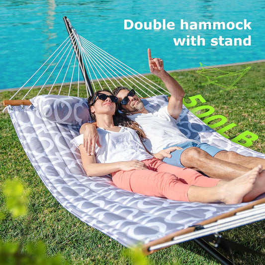 Double Hammock with Stand, Heavy Duty Outdoor Hammock for Two, 500 LBS Capacity, Stable Steel Frame with Balance Strap, Easy Tool-Free Assembly for Patio, Garden, Backyard & Beach,White Grey