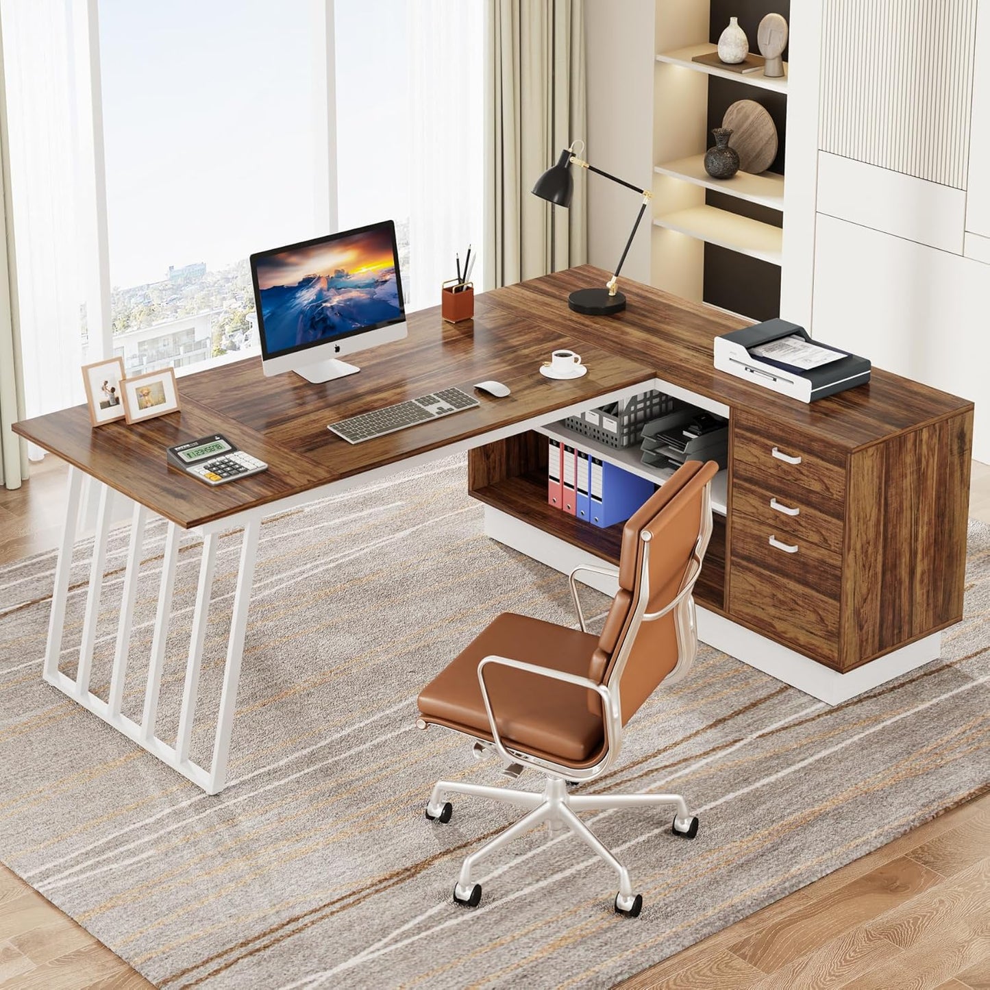 71-Inch Executive Desk, L-Shaped Desk with Cabinet, Large Office Desk with Drawers and Storage Shelves, Writing Table Computer Desk for Home Office, Brown and White