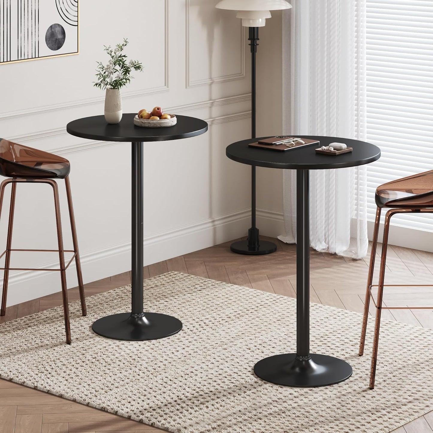 round Bistro Pub Table 2 Pack Modern Style Metal Base MDF Top Cocktail Bar Table Counter Bar Height for Pub, Dining Room, Party (Full Black)