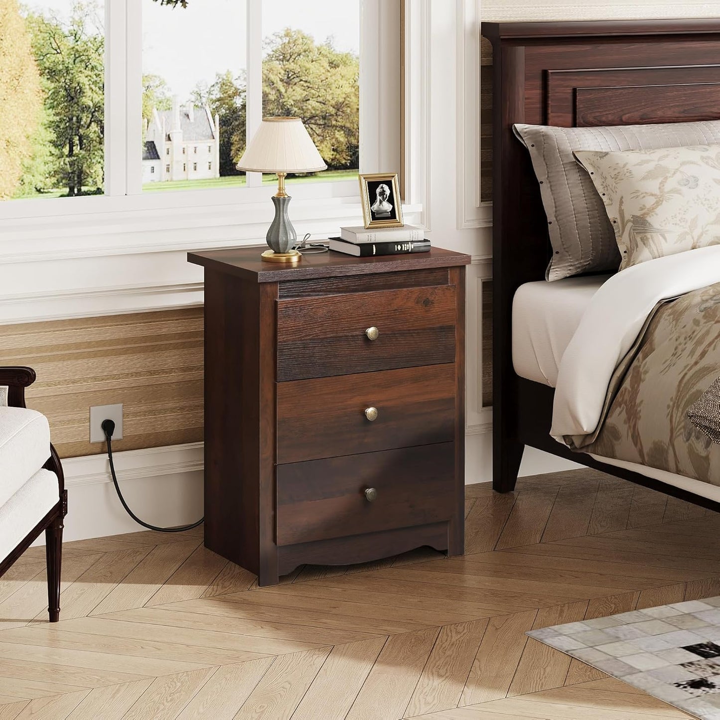 Tall Nightstand with Charging Station, Wood Nightstand with 3 Drawers, Bedside Tables Bedroom, Dorm, End Table with 2 USB Ports and 2 AC Outlets, Bedside Table, Espresso