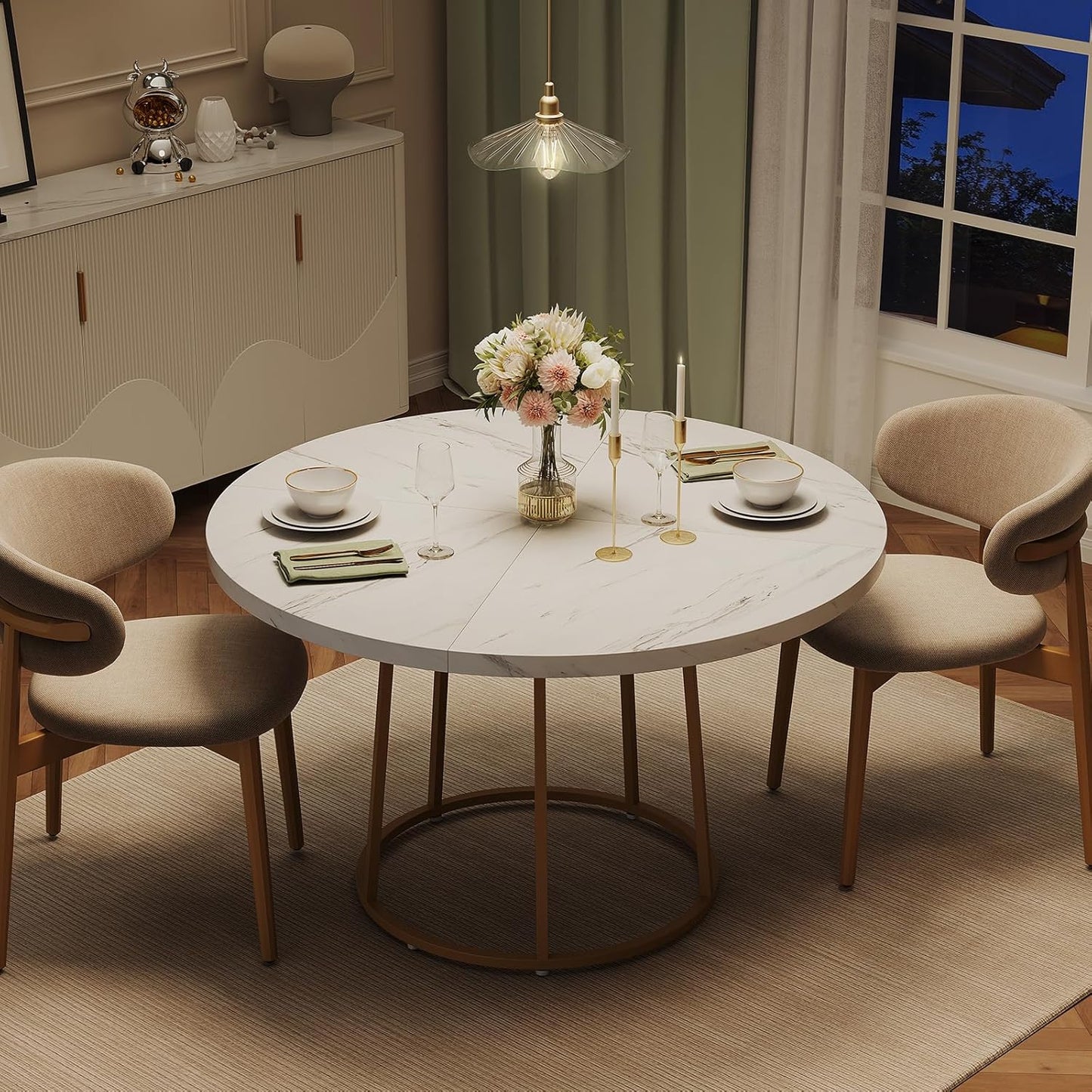Round Dining Table, 47.24 Inch Kitchen Table for 4-6 People, Wooden Faux Marble Dinner Room Table with Gold Base, Circle Modern Small Table for Home Dining Room Kitchen Restaurant (White)