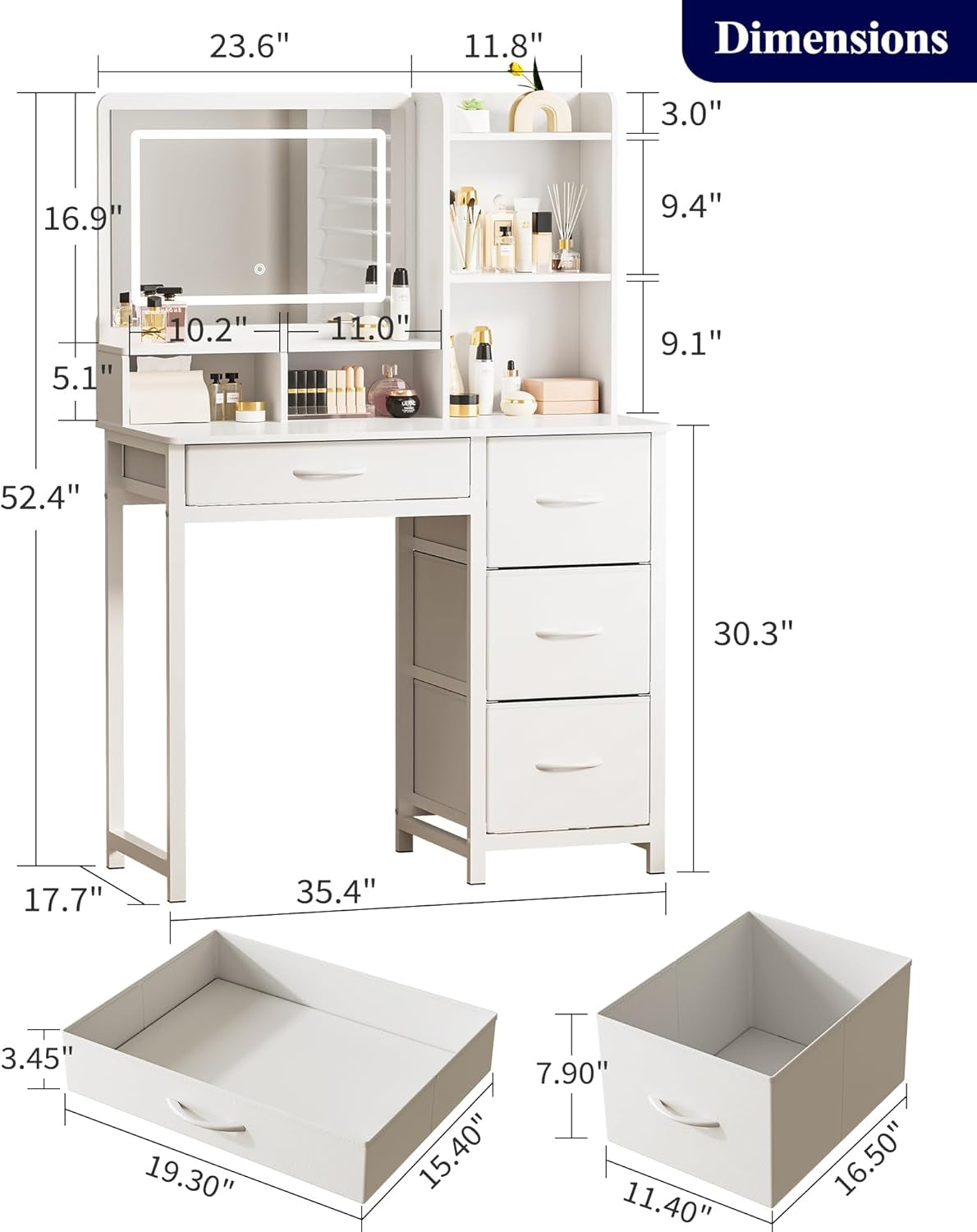 Vanity Desk with Mirror and Lights - Large Capacity Makeup Vanity with 4 Fabric Storage Drawers & 3 Lighting Modes, Vanity Table Set with Sturdy Metal Frame for Bedroom, White, 35" X 17" X 52"