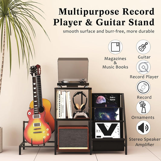 Guitar Stand & Record Player Table - 3-Tier Vinyl Record Storage for Acoustic, Electric Guitar, Bass, Speaker, Amp