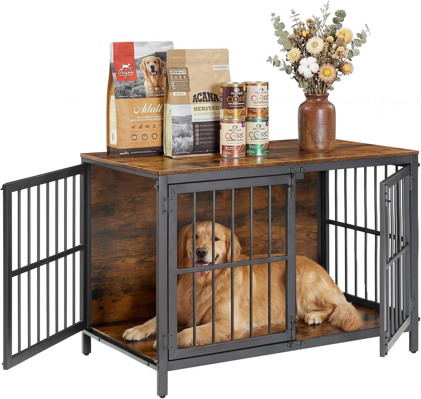 Heavy Duty Dog Crate Furniture, 39.4" Wooden Indoor Kennel with 3 Doors, Chew Resistant Metal Cage for Medium and Large Breeds, Dog Crate Side Table, Black and Rustic Brown BF101GW03