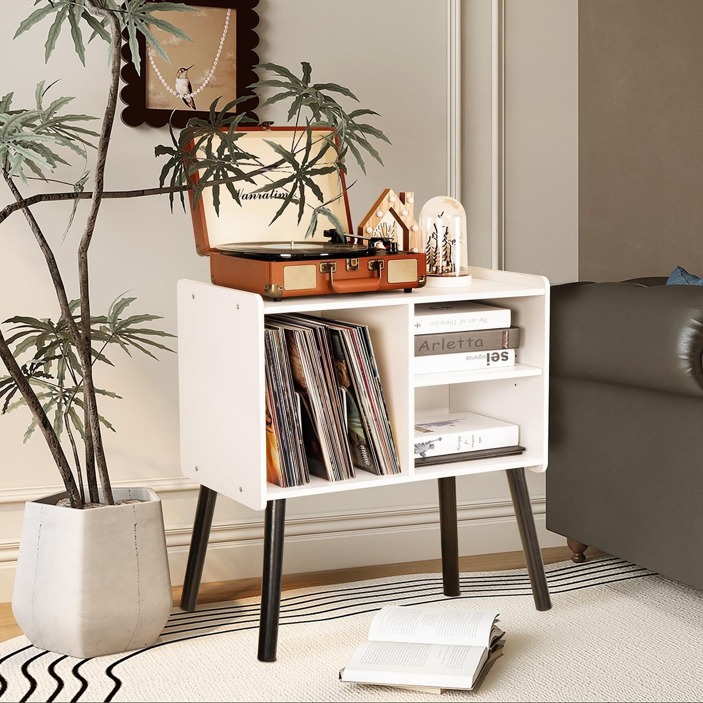 Record Player Stand, Mid-Century Record Player Table with Storage Hold up to 150 Albums , Vinyl Record Cabinet with Adjustable Shelves , Wood Turntable Stand for Living Room Bedroom (White)