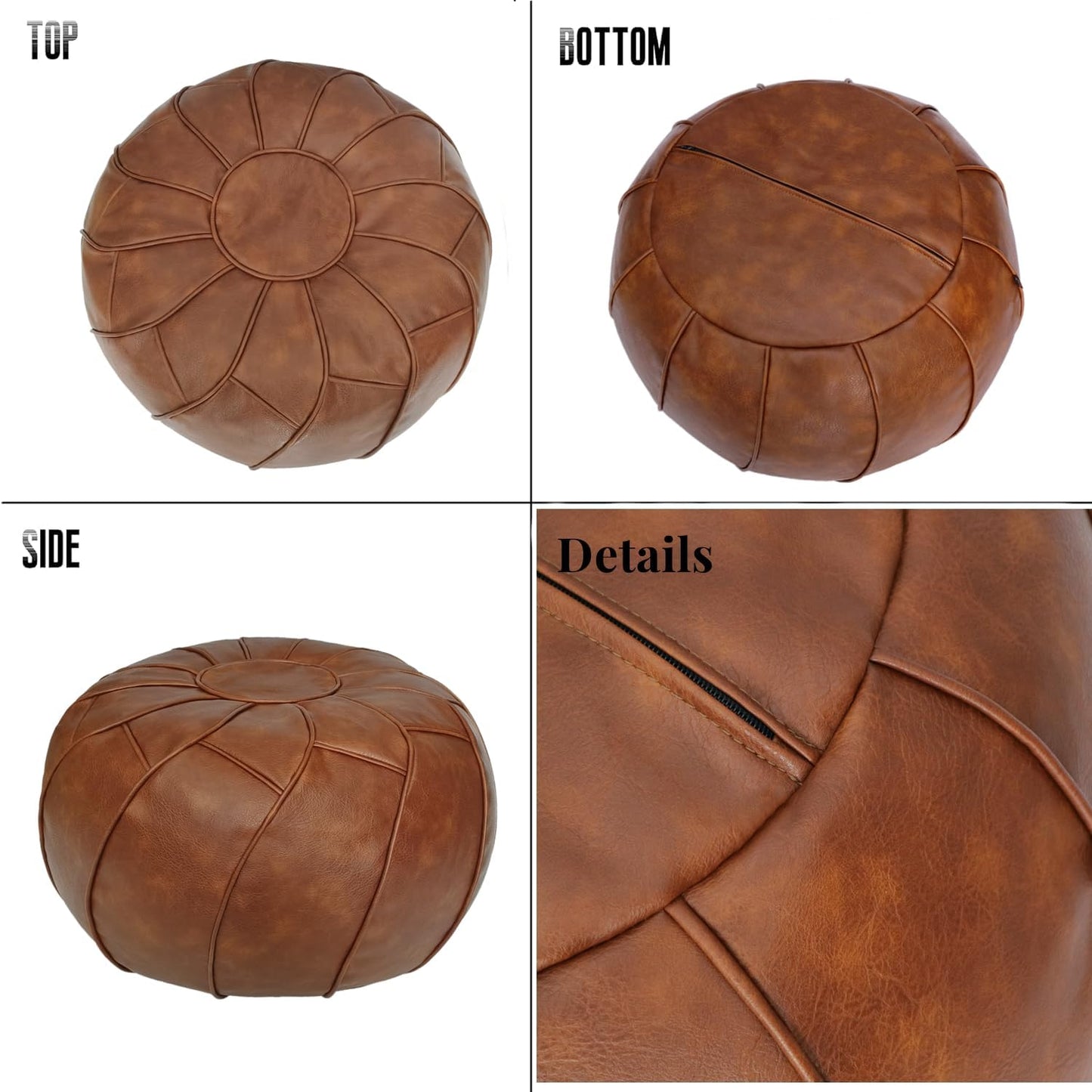 round Unstuffed Pouf Cover, Leather Foot Stool Ottoman with Storage, Bean Bag Floor Chair, Multi Functional Footrest for Living Room, Bedroom or Balcony (Brown)