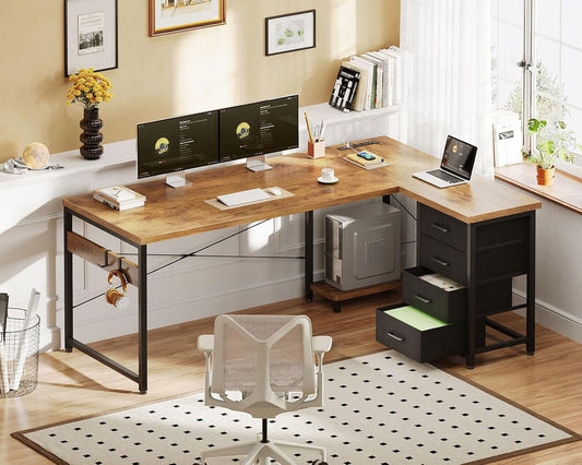 61'' L Shaped Desk with 4 Drawers, Reversible Corner Desk with Storage, Gaming Table with Power Outlets, USB Ports, Computer Desk for Home Office, Study, Easy Assembly, Vintage Brown