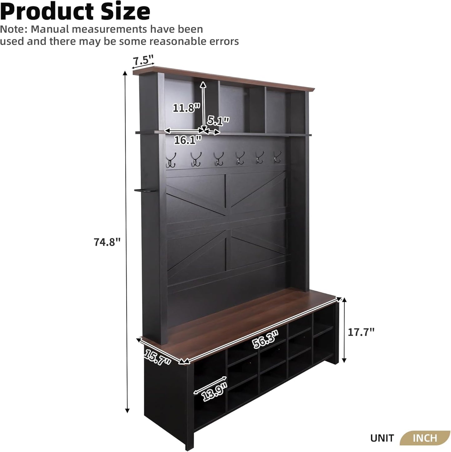 Wood Rustic Hall Tree Entryway Bench with 6 Hooks and Adjustable Shelves, Farmhouse Mudroom Versatile Coat Racks with 16 Open Compartments, Entrance Organizer for Hallway Black