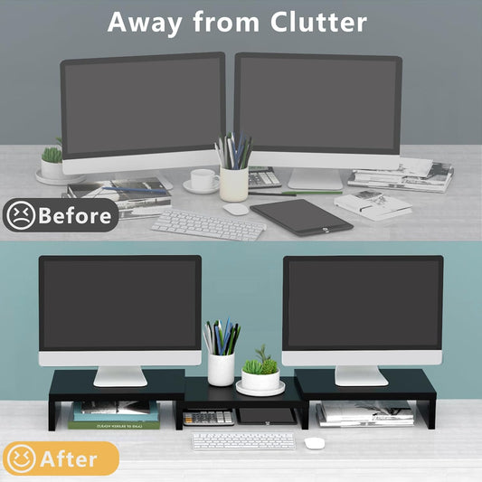 TAVR Dual Monitor Stand Riser Office Desktop Organizer Stand for 2 Monitors, Adjustable Length and Angle 3 Shelf, Extra Long Multifunctional Stand up to 43.3" Fit Computer, Laptop, TV, Black