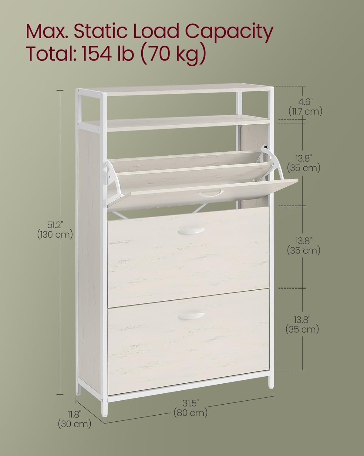 Shoe Cabinet with 3 Flip Drawers, Shoe Storage Cabinet, Asjustable and Removable Dividers, Holds 15-24 Pairs of Shoes, 11.8 X 31.5 X 51.2 Inches, Rustic White and Matte White ULBS802W01
